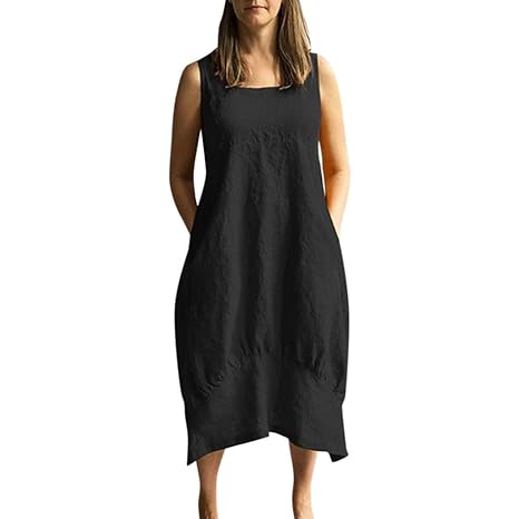 Damen Leinenkleid Sommer Lang Tunika Kleid Vintage Baggy Party Kleider Langarm Baumwolle Leinen Kleid Maxikleid Strandkleid G