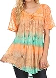 Sakkas 16786 - Monet Long Tall Tie Dye Ombre Embroidered Cap Sleeve Blouse Shirt Top - Mint - OS