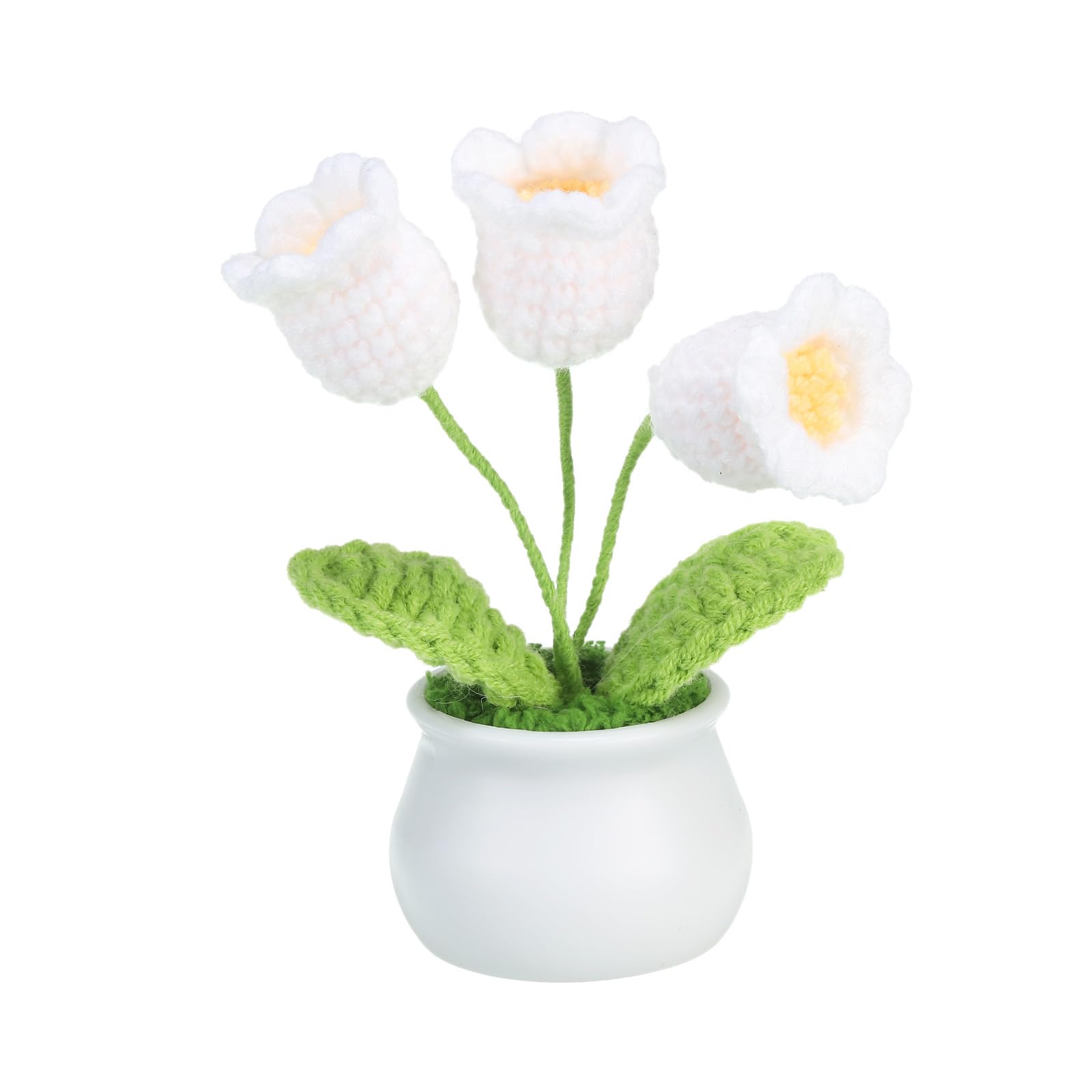 PATIKIL Crochet Flowers, Handmade Knitting 3Head Lily of the Valley Artificial Woven Small Potted with Stems for Valentine's Gifts Home Wedding Party Office Tables Decoration, White