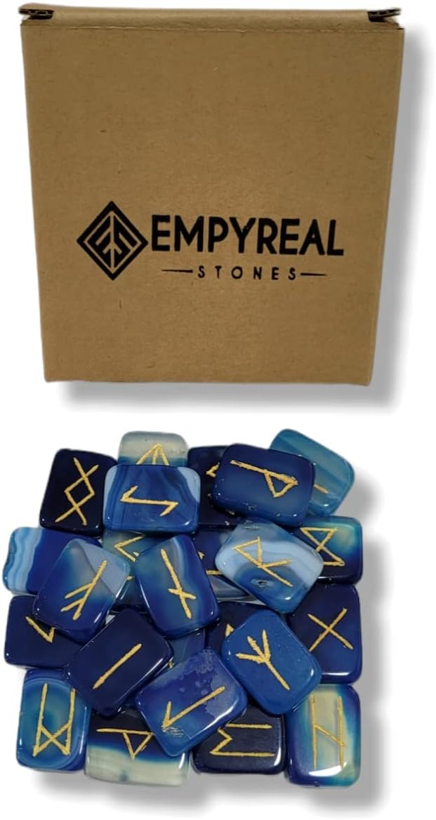 Indoor Fountains & Accessories - Empyreal Stones Runes - Blue Rune Stones Set Crystal Viking Alphabet Elder futhark Wicca Norse Divination Gemstones (Rectangle, Blue Onyx)