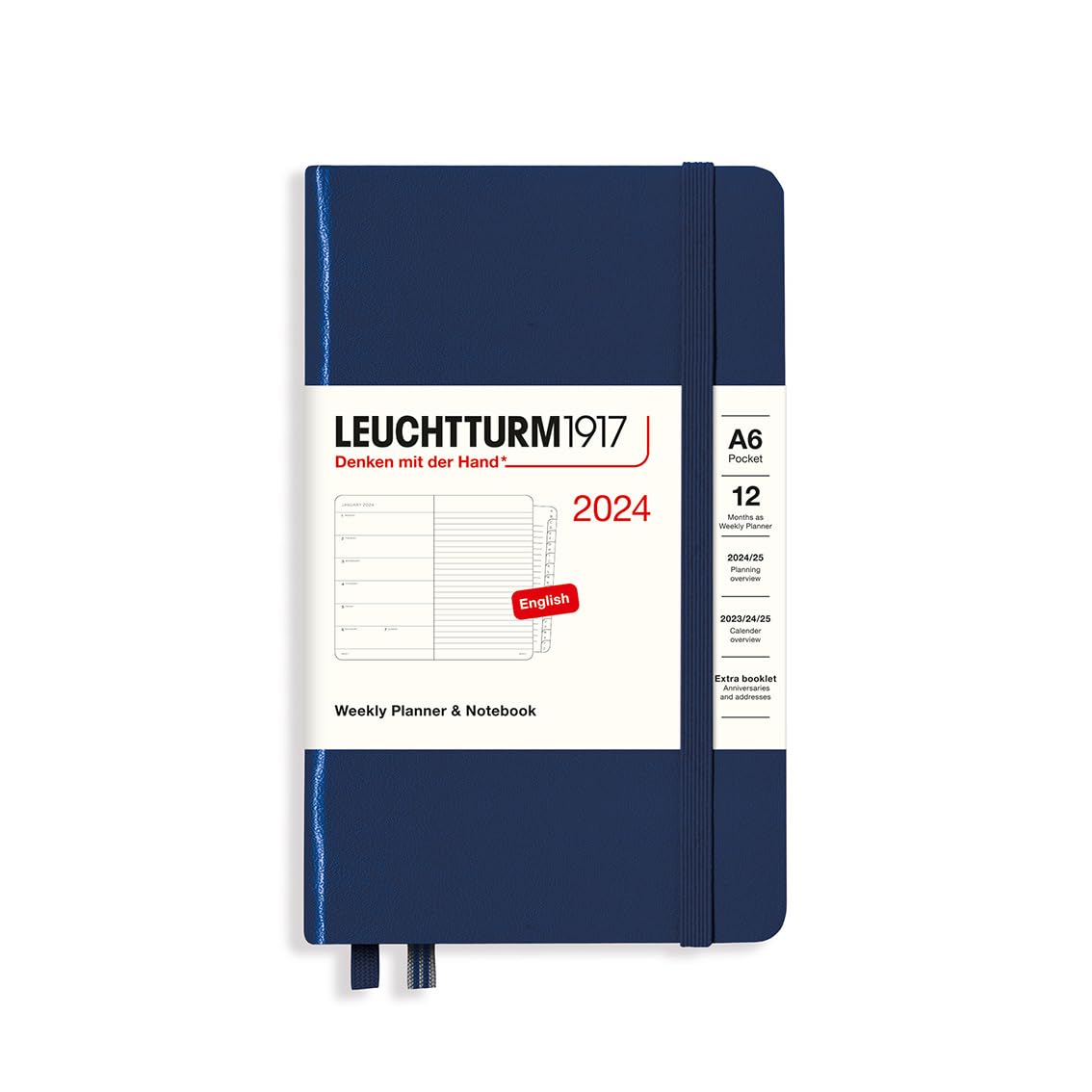 LEUCHTTURM1917 367734 Weekly Calendar & Notebook Pocket (A6) 2024, 12 Months, Navy, English