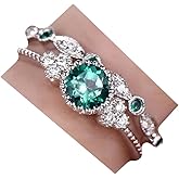Fashion 2PCS 925 Sterling Silver Natural Emerald Ring Round Cut Cubic Zirconia Promise Rings CZ Classical Eternity Engagement Wedding Band Ring Set for Women (US Code 10)
