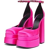 VIMISAOI Chunky Block Heels for Women Fashion Square Toe Ankle Strap Buckle Rhinestones Wedge Silk Satin High Platform Heels Dress Pumps Shoes Rose Red
