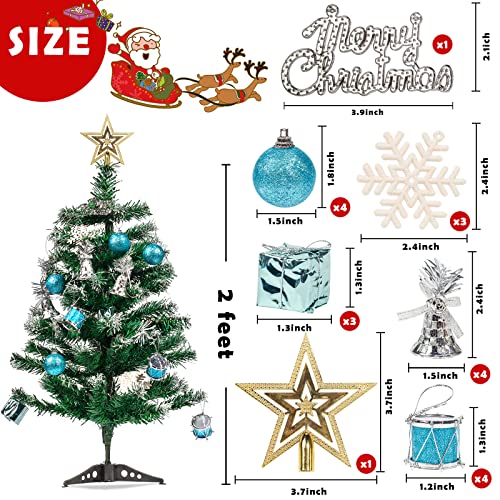 3 otters 2Ft Artificial Christmas Tree, 26PCS Pre-Lit Christmas Tree Set Tabletop Xmas Tree Snow Flocked for Christmas Winter Table Home Decoration