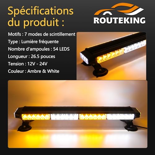 ROUTEKING 67cm 54 LED Strobe Light Bar Double Sided Flashing High Intensity Automotive Warning Emergency Flashing LED Bar with Magnetic Base (Amber/White/Amber/White)