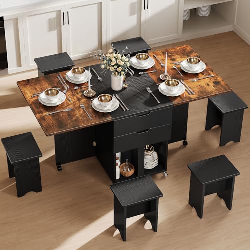 Photo 1 of DWVO 7 Pieces Folding Extendable Dining Table Set with 6 Chairs for 6 Peoples 66.9" Drop Leaf Wood Kitchen Dining Room Table Set with 2 Storage Drawers & Wheel for Small Space Saving Rustic Brown