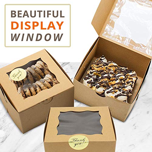 50 Pack Display Window Brown Bakery Boxes for Small Cake, Cookie