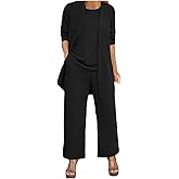 Womens Chiffon 3 Piece Outfit Sets Solid Formal Wide Leg Pant Suits Dressy Wedding Guest Pantsuits