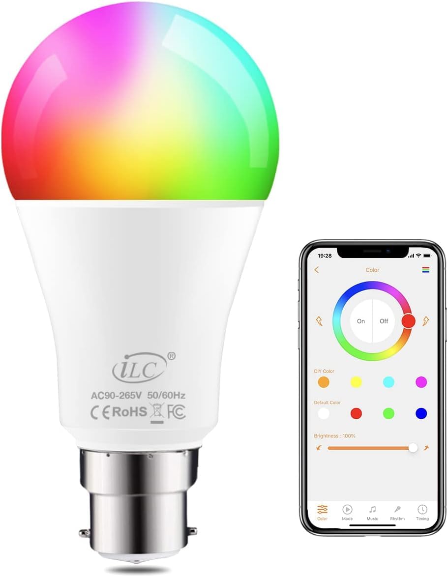 iLC Colour Changing LED Light Bulb B22 10W RGBW Controlled by APP, Sync to Music, Dimmable Multi-Color 60 Watt Equivalent