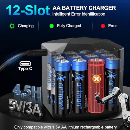 Artman Rechargeable Lithium AA Batteries 12 Pack with 12-Slot Charger, 3600mWh 1.5V High Power AA Lithium Batteries for Blink Outdoor Camera, Rechargeable Double A Battery with 2000+ Cycles (Black)