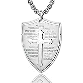 Yaumatea Armor of God Cross Pendant Necklace, Shield of Faith, Ephesians 6:16-17, Religious Amulet, Knights Templar Crusader, Stainless Steel 24" Chain