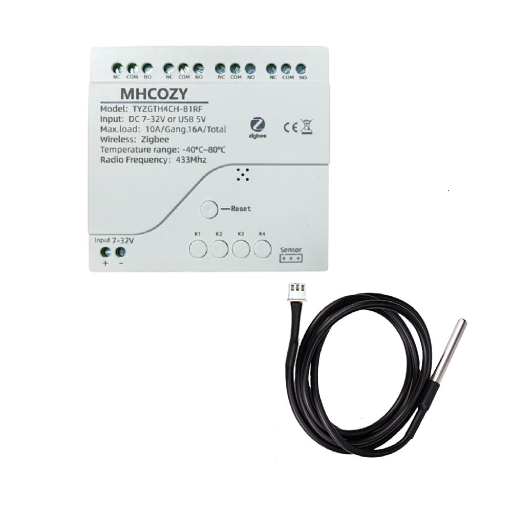 MHCOZY Smart Zigbee Temperature Controller,5-32V Dry Contact Passive Output 4 Relay Switch,with Waterproof Temperature Probe Sensor,Compatible with Alexa(Tuya Zigbee hub Needed)