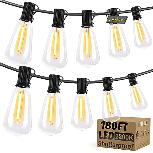 OHLUX Outdoor String Lights,180FT Shatterproof Patio Lights with 94 Dimmable ST38 LED Vintage Edison Bulb,Weatherproof 2200K Connectable Outside Hanging Lights for Deck Porch Cafe Garden Yard