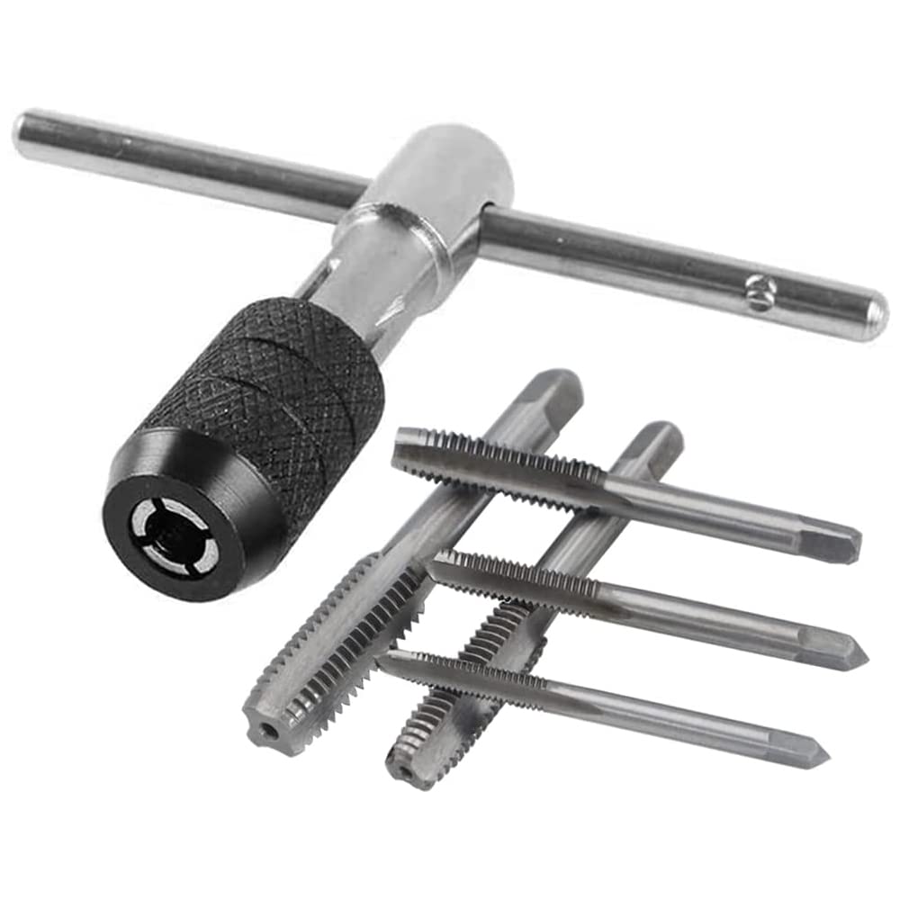 Bestgle T-tap Wrench Set, Adjustable T-Handle Tap Ratchet Holder Wrench with Metric M3 M4 M5 M6 M8 Taps Drill Bits, HSS Screw Treading Tool for Cutting Internal Threads