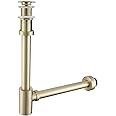 SEABEFORE Brass Round Bottle P-Trap with Pop Up Drain Stopper,1 1/4 Adjustable Basin Sink Waste Drain Trap Kit Without Overflow,Brushed Gold P Trap