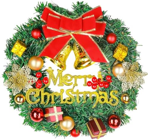 Flow fire 12Inch/30cm Christmas Wreath with Gold Ball, Red Ball and Bell, Xmas Wreath for Front Door, Wall, Window