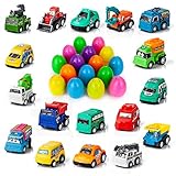 YIHONG Set of 17 Prefilled Easter Eggs with Toy Cars, 3 inch Colorful Plastic Easter Surprise Eggs Filled with Pull Back Construction Vehicles