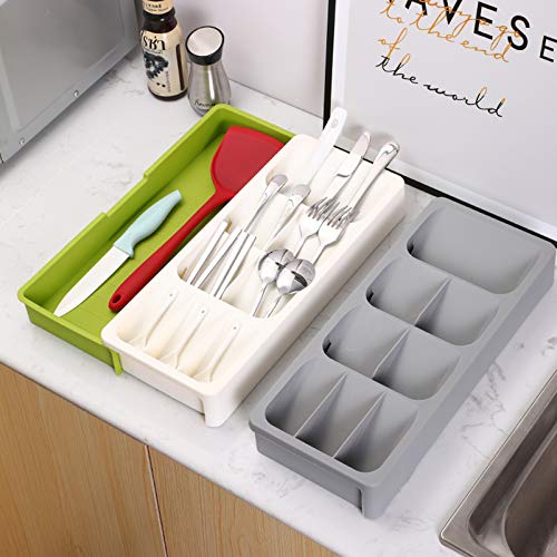 Expandable Kitchen Drawer Organizer, Adjustable Cutlery Tray, Flatware Drawer Tray, Drawer Dividers Organize Multi-Purpose Storage for Kitchen, Office, Bathroom (White-Green) …