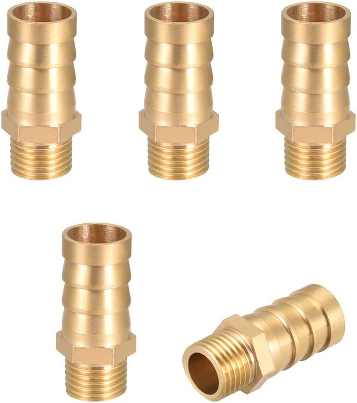 sourcing map Brass Hose Barb Fitting,Connector,14mm Barb x G1/4 Male Pipe Adapter,5Pcs, Gold, 14mm x G1/4