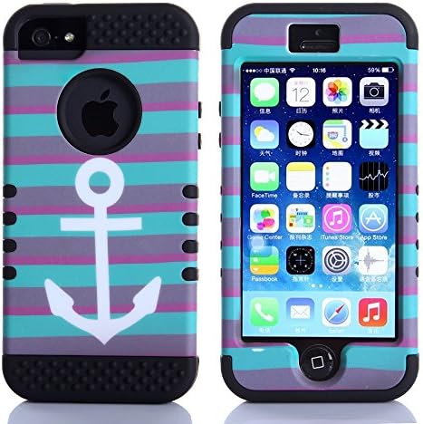 KINGCO Case for iPhone 5s,Case for iPhone 5,3in1 Anchor Stripe Design Hybrid High Impact Hard Soft Case Combo(Anchor Stripe Black)