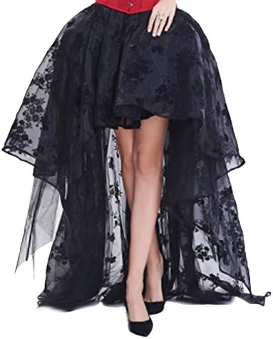 RGA Women's Solid Color Black Sexy Flower Lace Asymmetrical High Low Corset Skirt Victoria Gothic Long Maxi Elastic Pleated Waist Cocktail Dovetail Skirt for Party (S(Waist 22.5"-32.5"))