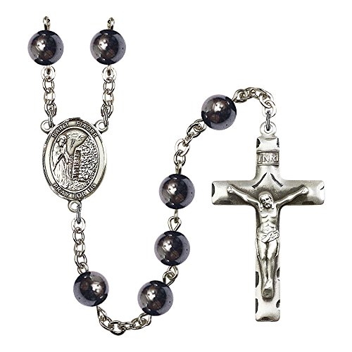 St. Fiacre Silver-Plated Rosary 8mm Hematite Beads Crucifix Size 1 3/4 x 1 medal charm