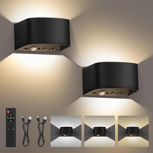 Sanfant Battery Operated Wall Lights 2 Pack Rechargeable Wireless Led Stick on Wall Lights with Remote Control 3 Color Temperatures Indoor Outdoor for Living Room Bedroom Hallway