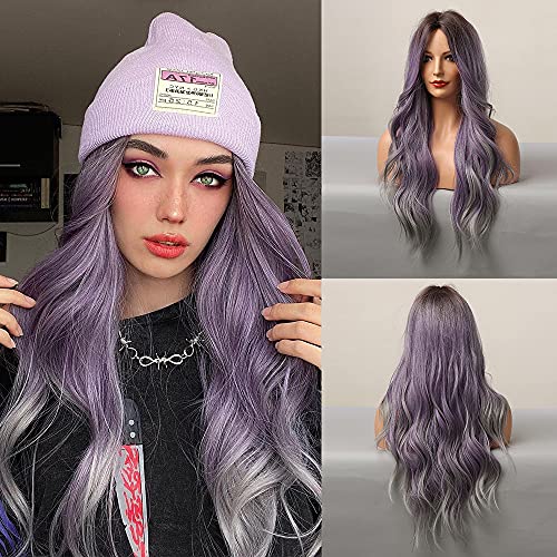 Ombre Purple to Grey Wig HAIRCUBE Wigs Synthetic Long Wavy Hair Wigs for Women Middle Part For Daily Use……
