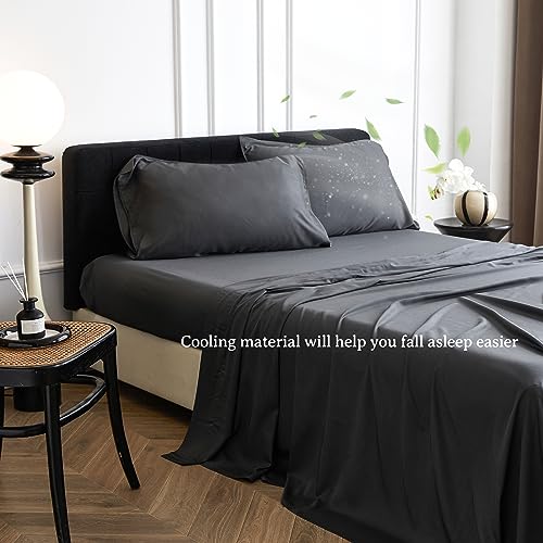 Simple&Opulence 100% Viscose from Bamboo Sheet Set 4Pcs, Cooling for Hot Sleepers, Soft Breathable Bed Sheets Set, 15" (38cm) Deep Pockets, Luxury Hotel Silky Bedding Sheets (Dark Grey,Queen)