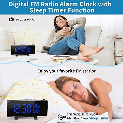 PEMOTech Projection Alarm Clocks for Bedrooms,【Temperature & Humidity Display】 7'' Large Curved LED Display,180° Rotation,FM Radio Digital Alarm Clock Projection on Ceiling with 2 USB Phone Charger