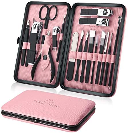 Manicure Set 18pcs Professional Nail Clippers Kit Pedicure Care Tools-Stainless Steel Grooming Tools With Pink PU Leather Case for Travel & Home (Pink)
