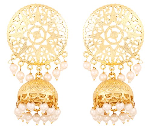 NEW! Touchstone Indian Bollywood innovative finely embossed architectural style bridal chandelier jewelry jhumki earrings hung with bunches of faux pearls for women in gold tone