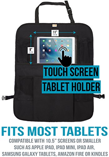 Zohzo Car Back Seat Organizer With Tablet Holder - Touch Screen Pocket for Android & iOS Tablets up to 10.5" - Multipurpose Use as Auto Seat Back Protector, Kick Mat, Car Organizer