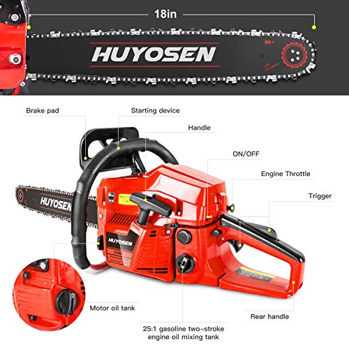 HUYOSEN Gas Power Chain Saws Red Black Corded 54.6CC 2 Cycle Gas