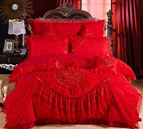 9pcs Lace bedcover set red/pink luxury wedding bedding sets double bedding set bed skirt duvet cover bed sheet queen No.2