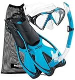 Phantom Aquatics Adult Mask Fin Snorkel Set with Mesh Bag, Aqua, Large/X-Large/Size 9 to 13