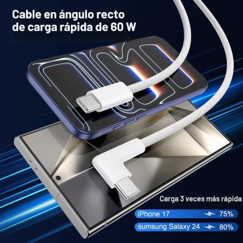 Cable USB C a USB C[2Pack 2M] 60W Cable Carga Rapida Tipo C 90 Grados PD