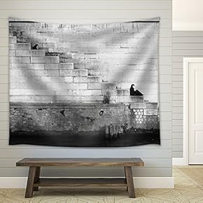 The Girl and The Dog Sitting on Steps - Fabric Wall Tapestry Home Decor - 51x60 inches