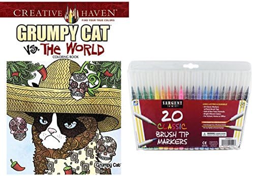 Adult Coloring Book Gift Set, Dover Grumpy Cat vs The World Coloring and Sargent Art Firm Brush Tip Marker Pens in a Case, Set of 20: Stress Relieving, Color a Really Lovable Cranky Cat, Enjoy!