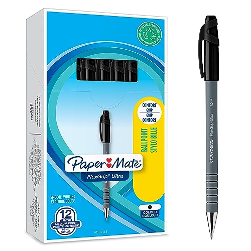 Paper Mate Flexgrip Ultra Ballpoint Pens | Medium Point (1.0mm) | Handwriting Pens & Stationery Supplies | Black Pen Set | 12 Count
