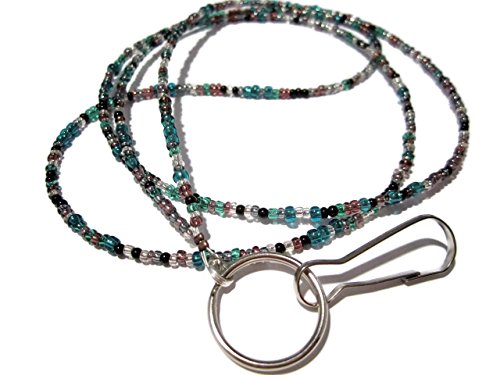 ATLanyards Purple, Teal and Black Seed Bead Lanyard- Beaded Id Holder