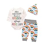 Toddler Baby Girls Boys 3Pcs Clothes Sets for 0-24 Months,Lovely Letter Rainbow Printed Romper Tops Pants Hat Outfits Set (0-6Months, White)