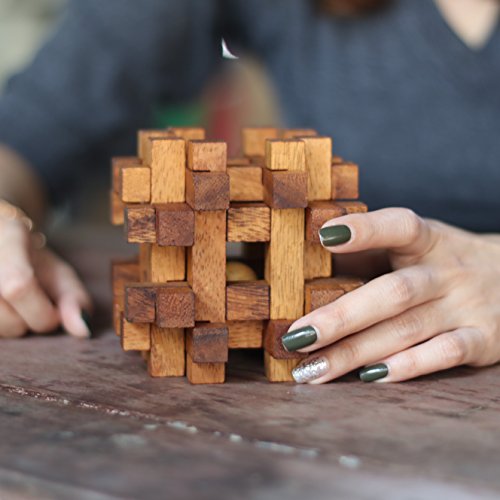 SiamMandalay Double Lock-a-Ball: Handmade & Organic 3D Wooden Puzzle for Adults from with SM Gift Box(Pictured)