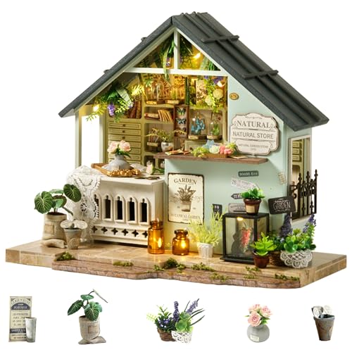 Flever DIY Miniature House Kit, Tiny Home Kit with LED Light, Mini House Build Craft Kits for Adults and Teens, Home Decor Creative Gift for Family/Friends (Plants Studio)