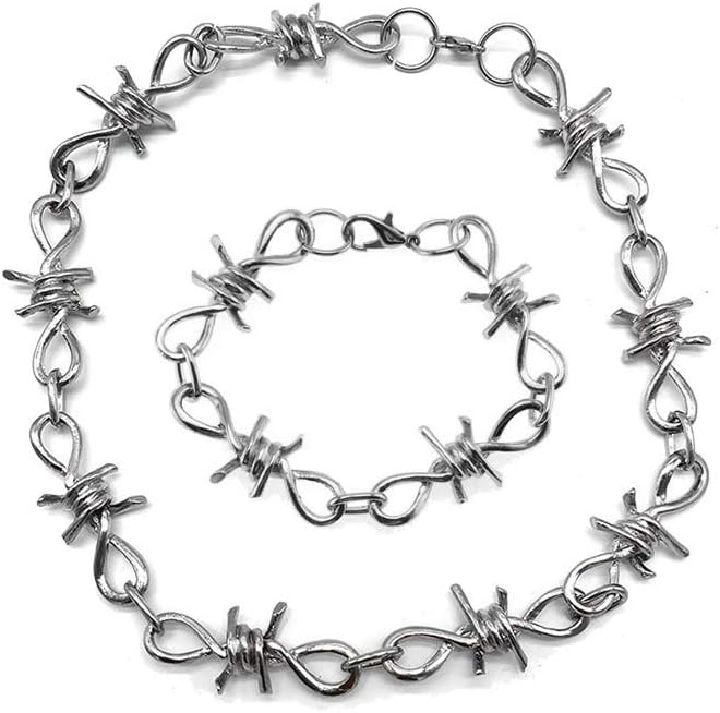 ballboU-1 Set Men's Punk Gothic Alloy Barbed Wire Brambles Necklace Bracelet