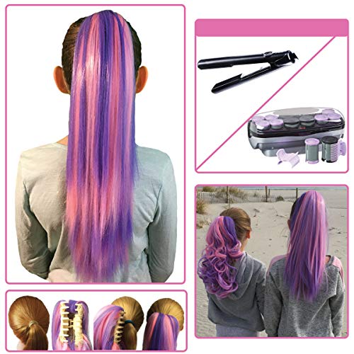 Clip on in Color Hair Extensions Hair Accessories for Girls Women Kids – Temporary & Not Messy Hair Chalk – Great for Parties, Dress up, Doll Hair Birthday Gift for girls 4-12 (Pink & Purple)