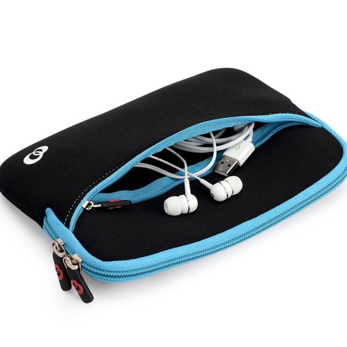 SLIM NEOPRENE SLEEVE WITH FRONT POCKET FOR ACCESSORIES in BLACK/BABY BLUE TRIM for Amazon Kindle Fire 2011 edition