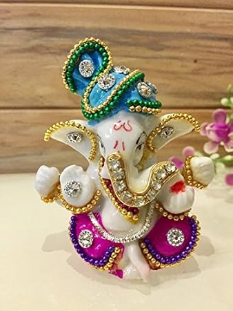 Karigaari White Stone God Ganesha Statue for Car Dashboard and Home Decor, 3x2x3 Inches(Multicolour)