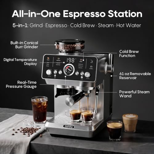Canoly Fast Cold Brew Espresso Machine with Grinder, Capsule Handle,Black
