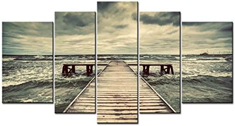 SmartWallArt - Ocean Scenery Series Home Decor Artwork a Wooden Trestle Bridge Extending into the Moving Sea Wall Art 5 Piece Paintngs Print on Canvas Framed for Living Room